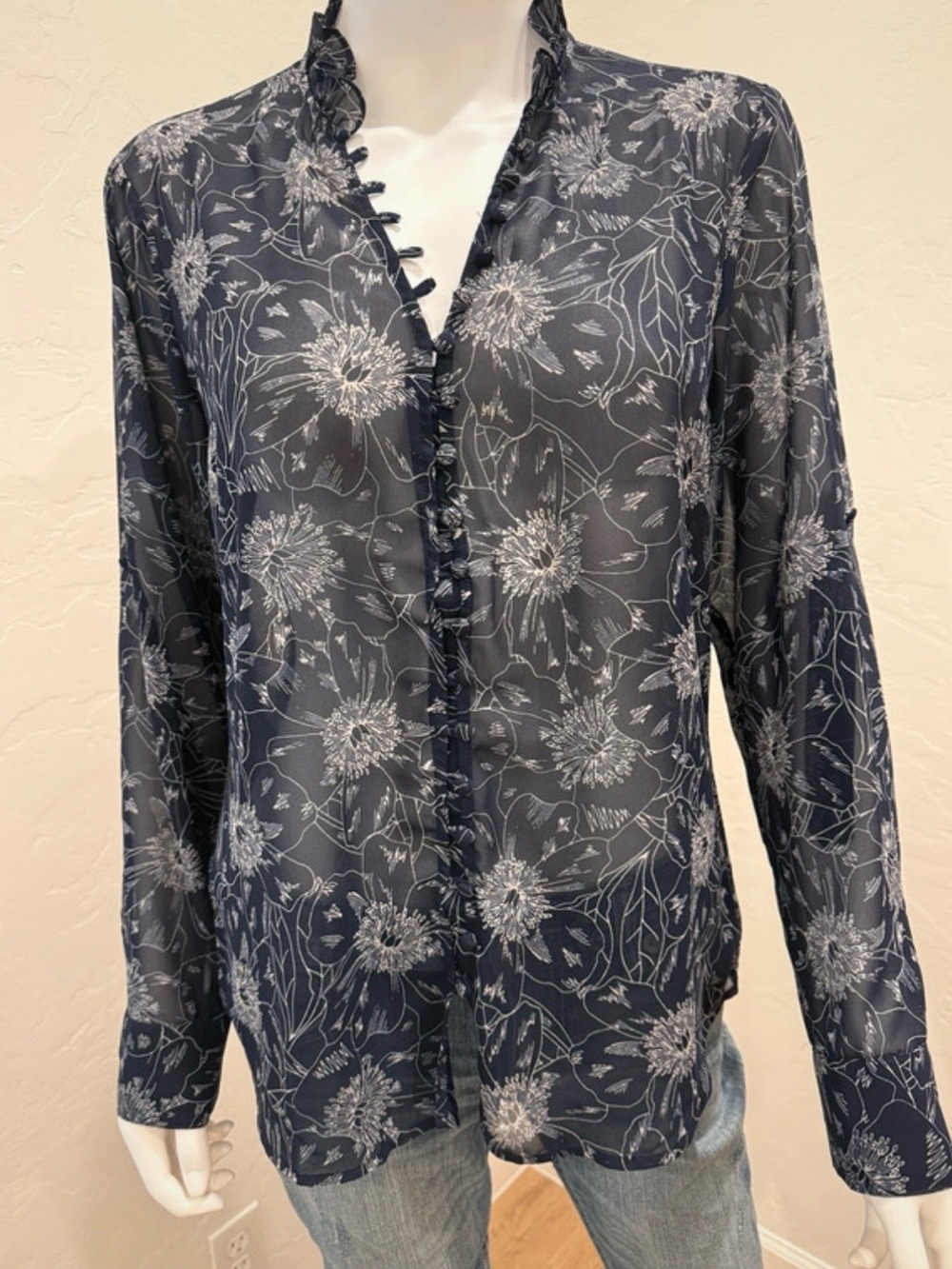 Express Navy Button-Front Floral Ruffle Blouse